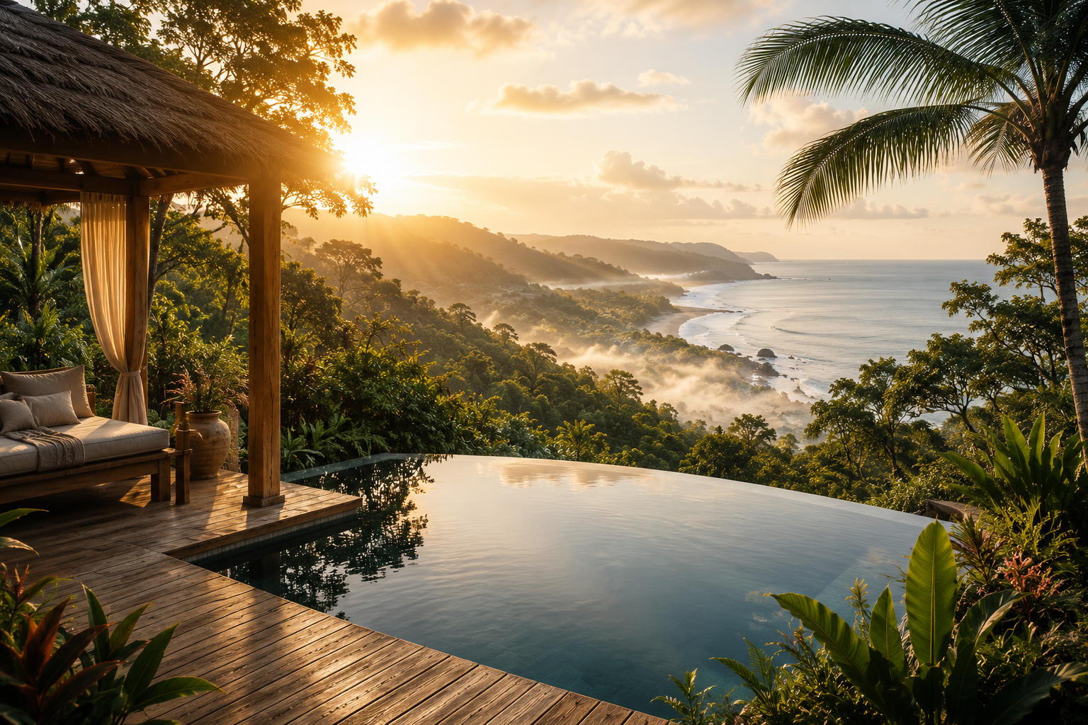 Infinity-Pool mit Blick über Regenwald und Pazifikküste bei Sonnenaufgang