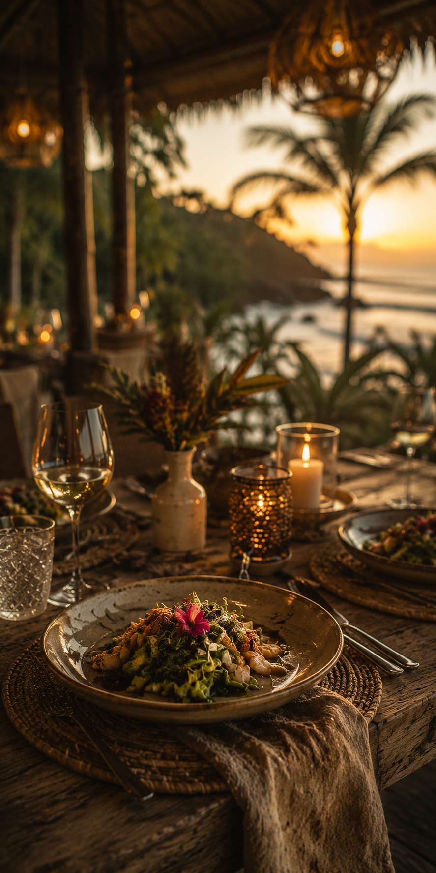 Gedeckter Tisch mit exquisitem Essen im warmen Abendlicht eines Retreats