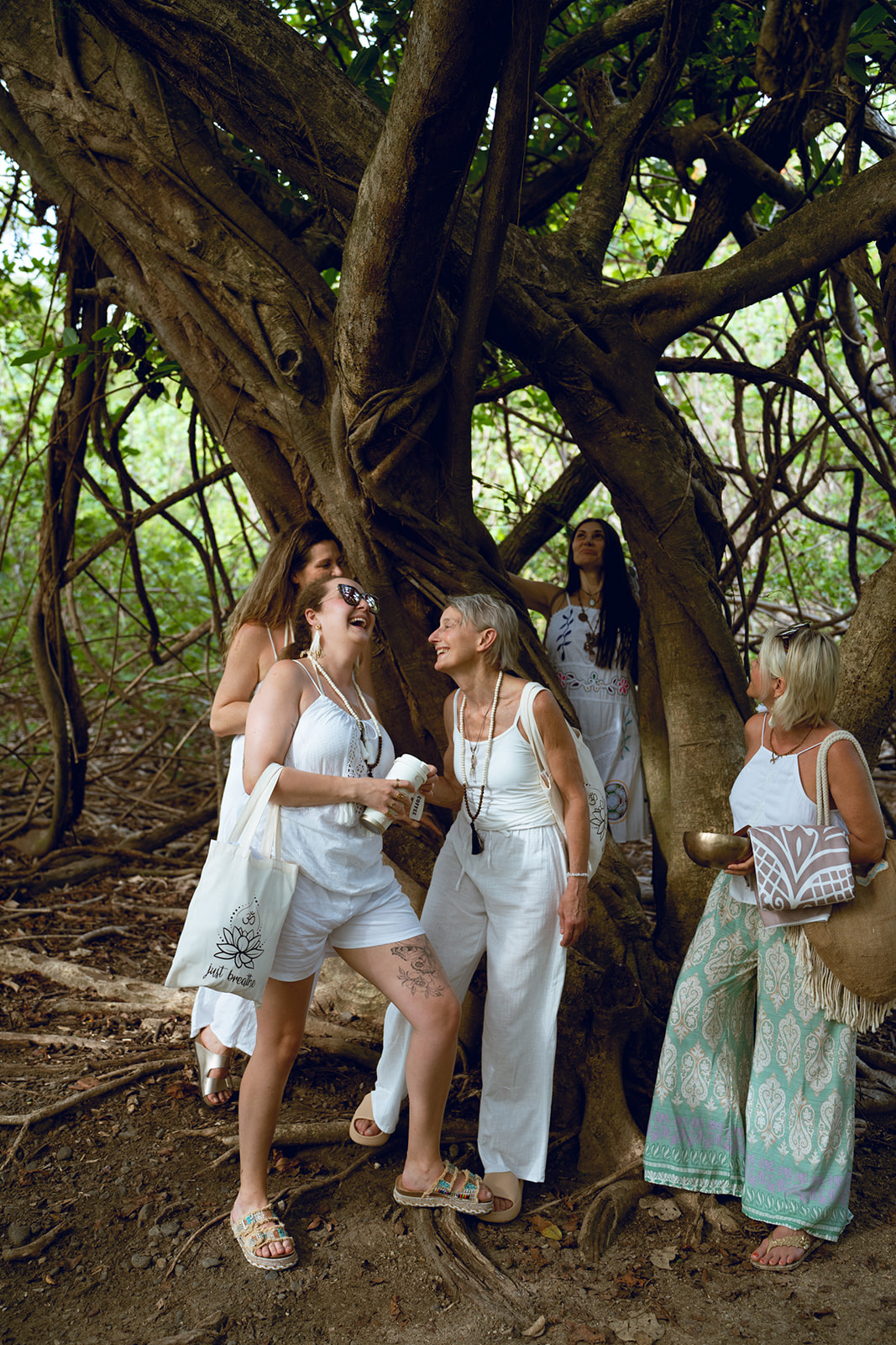 Frauen lachen gemeinsam unter einem großen Baum